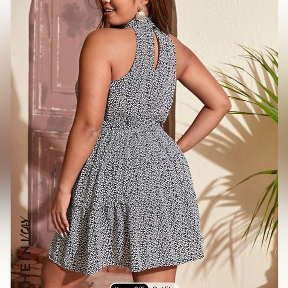 Shein Plus Allover Plants Print Ruffle Hem Belted Dress - Picture 2 of 4